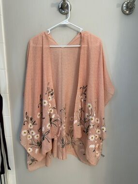 Peach Floral Embroidered Kimono Shrug